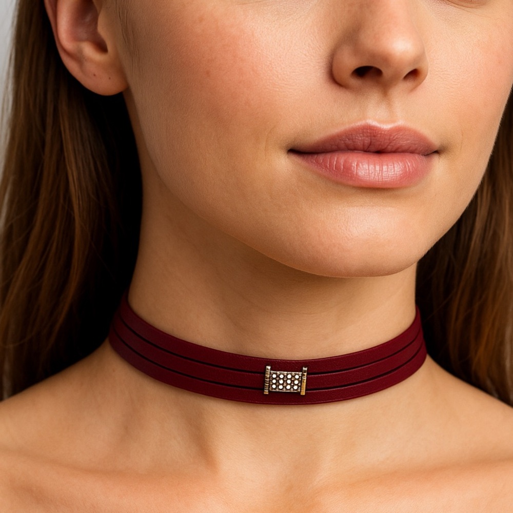 Ettika Red Triple Strand Studded Faux Leather Choker Necklace NWT Whimsigoth